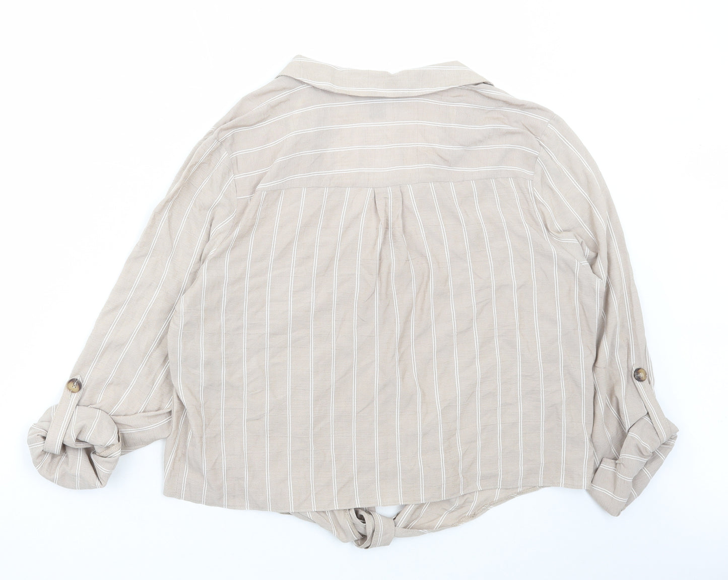 Primark Womens Beige Striped Viscose Basic Button-Up Size 16 Collared - Tie Front