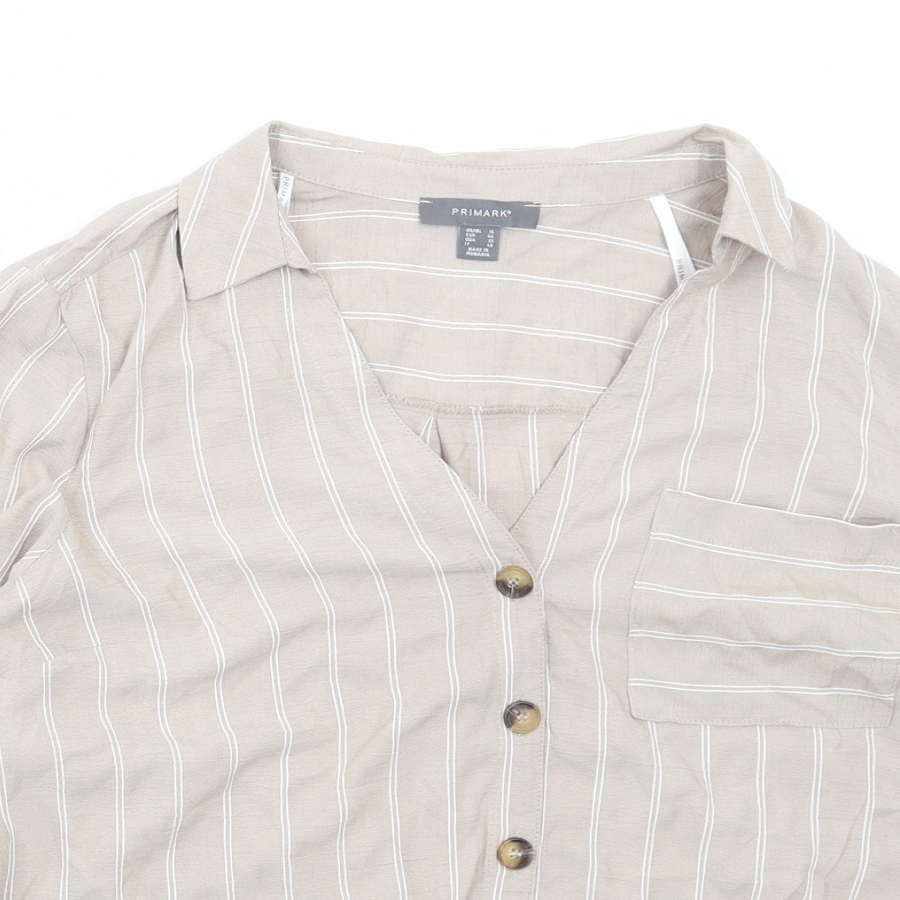 Primark Womens Beige Striped Viscose Basic Button-Up Size 16 Collared - Tie Front