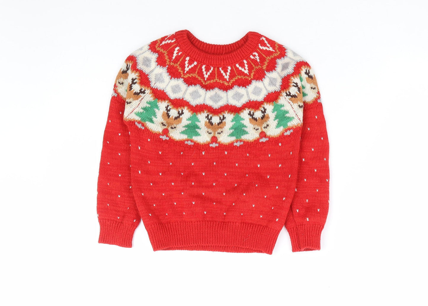 Nutmeg Girls Red Round Neck Geometric Acrylic Pullover Jumper Size 5-6 Years Pullover - Christmas Reindeer