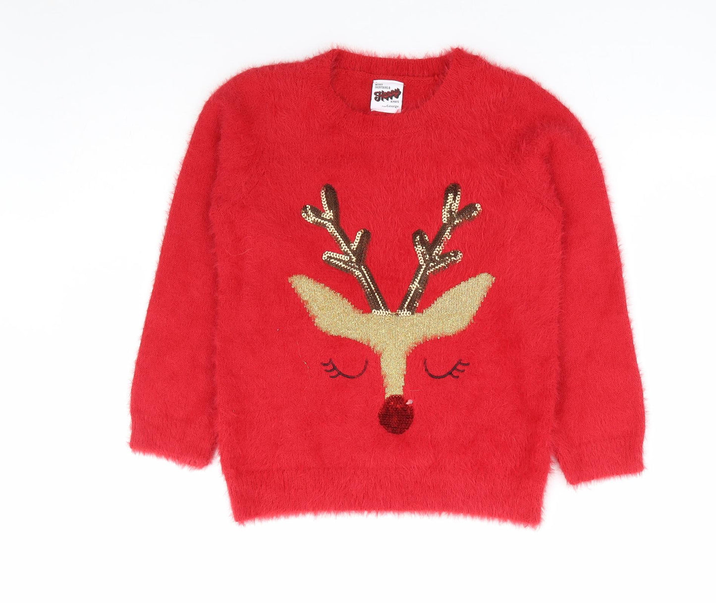 George Girls Red Round Neck Polyamide Pullover Jumper Size 7-8 Years Pullover - Fluffy Christmas Reindeer