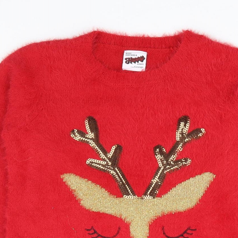 George Girls Red Round Neck Polyamide Pullover Jumper Size 7-8 Years Pullover - Fluffy Christmas Reindeer