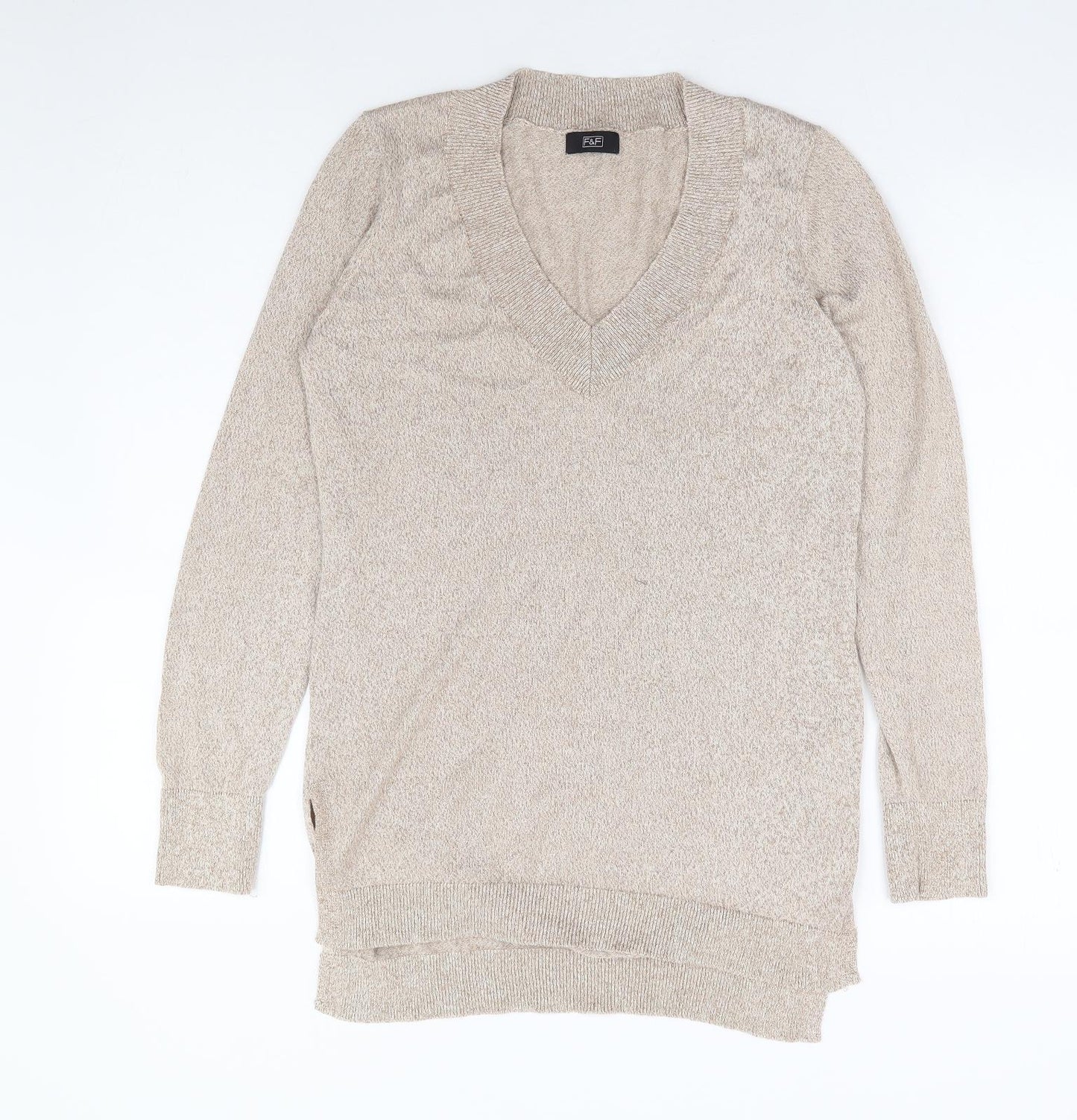 F&F Womens Gold V-Neck Viscose Pullover Jumper Size 10 - Side Slits