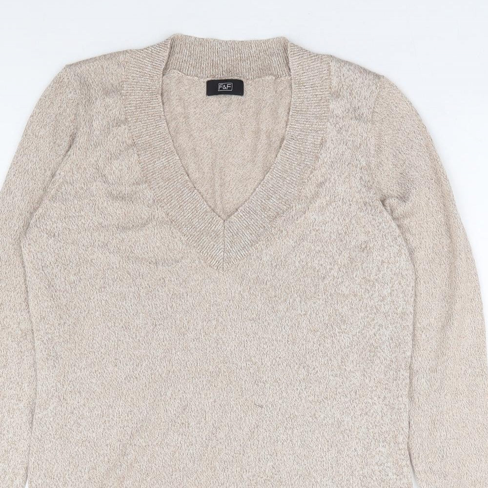 F&F Womens Gold V-Neck Viscose Pullover Jumper Size 10 - Side Slits