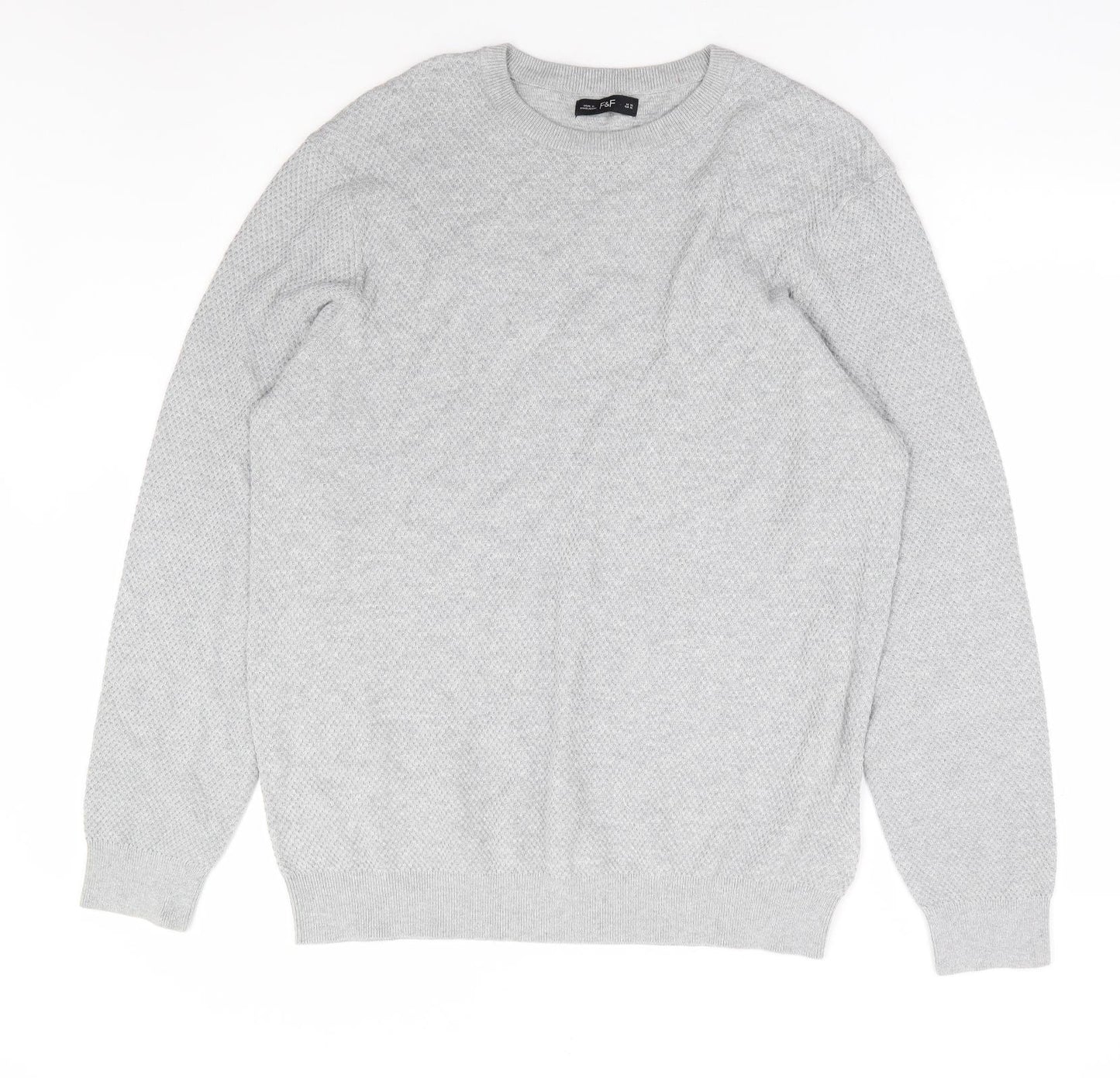 F&F Mens Grey Round Neck Cotton Pullover Jumper Size XL