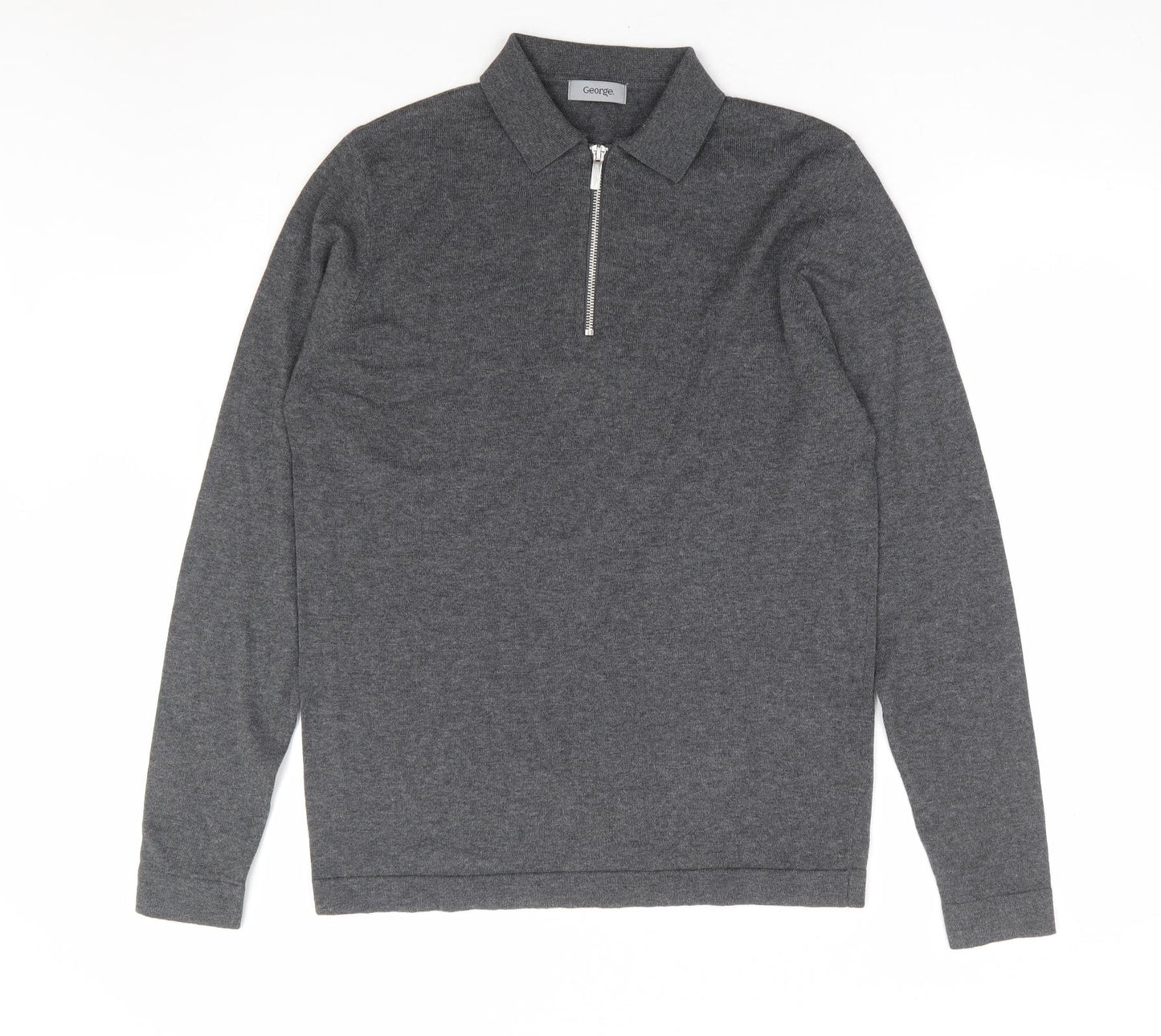 George Mens Grey Collared Cotton Pullover Jumper Size S