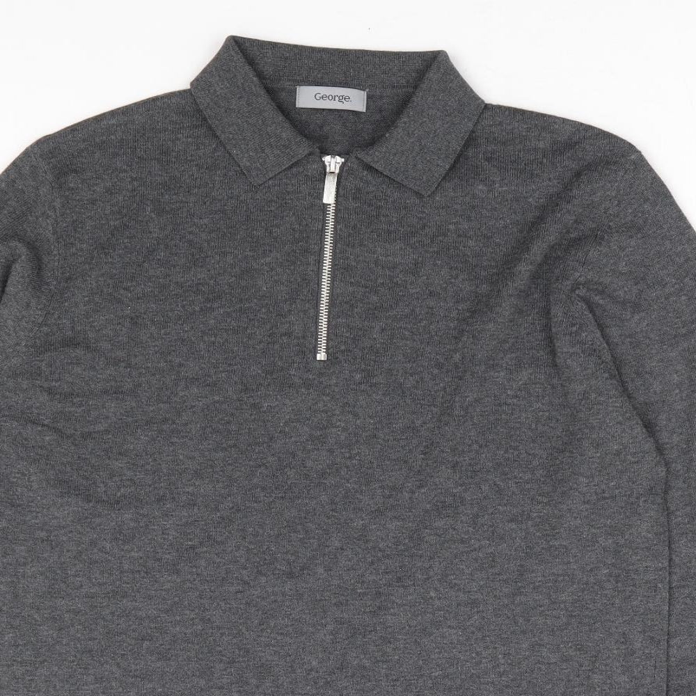 George Mens Grey Collared Cotton Pullover Jumper Size S