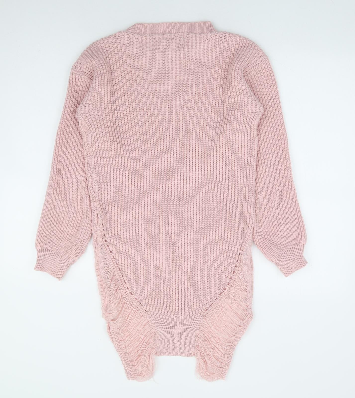 Oyisis Womens Pink Round Neck Acrylic Tunic Jumper Size S - Distressed Side Panels