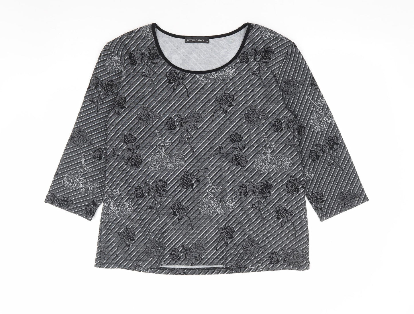 Just Elegance Womens Black Striped Polyester Jersey T-Shirt Size 18 Scoop Neck - Rose Print