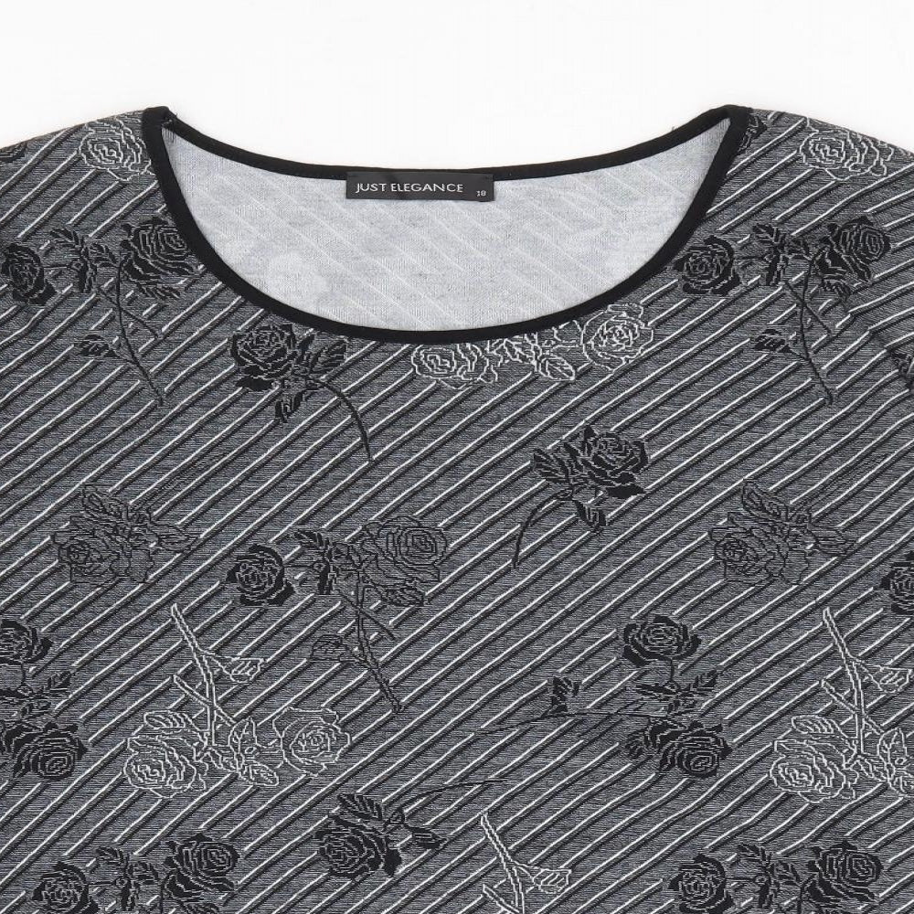 Just Elegance Womens Black Striped Polyester Jersey T-Shirt Size 18 Scoop Neck - Rose Print