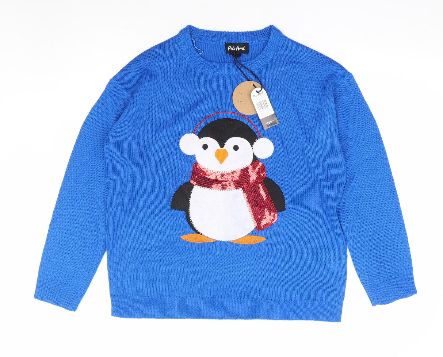 Pole Nord Womens Blue Round Neck Acrylic Pullover Jumper Size S - Christmas Penguin