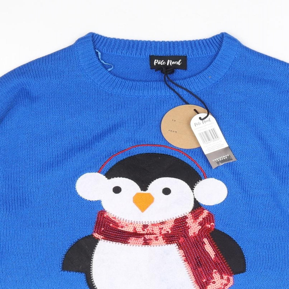 Pole Nord Womens Blue Round Neck Acrylic Pullover Jumper Size S - Christmas Penguin