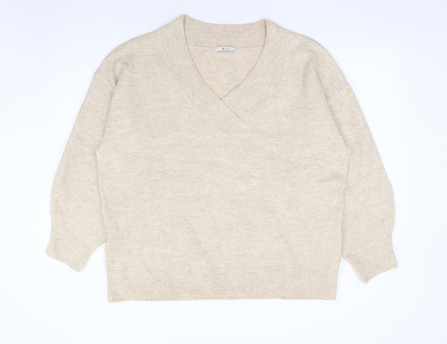 TU Womens Beige V-Neck Acrylic Pullover Jumper Size XL