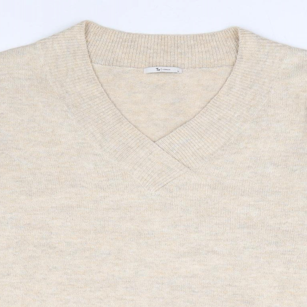 TU Womens Beige V-Neck Acrylic Pullover Jumper Size XL
