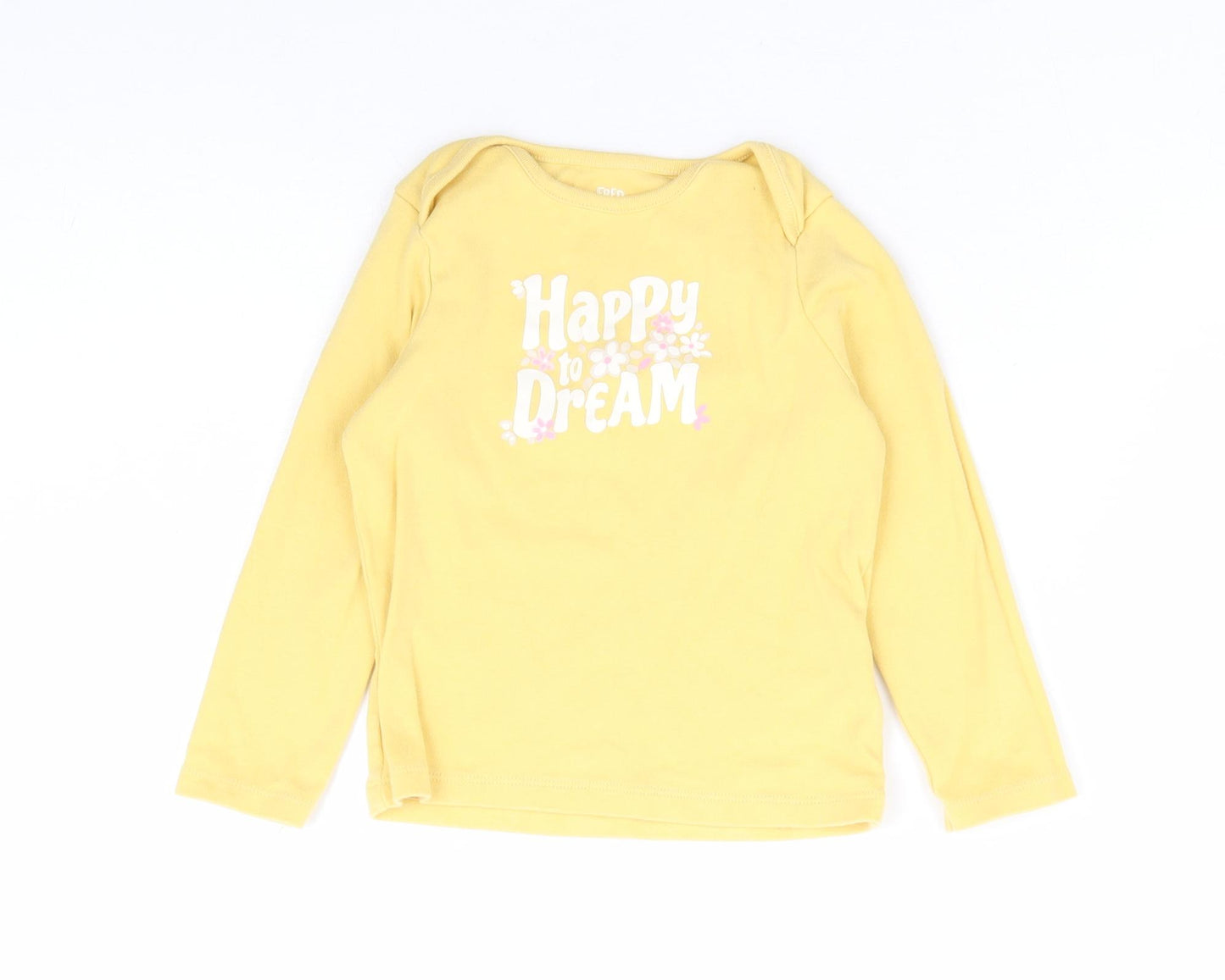 F&F Girls Yellow 100% Cotton Jersey T-Shirt Size 2-3 Years Round Neck Pullover - Happy To Dream