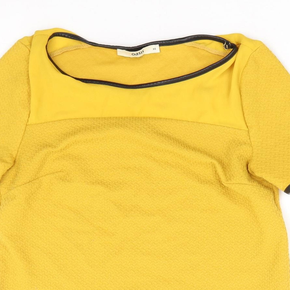 Oasis Womens Yellow Polyester Basic T-Shirt Size XS Round Neck - Leather Effect Trim