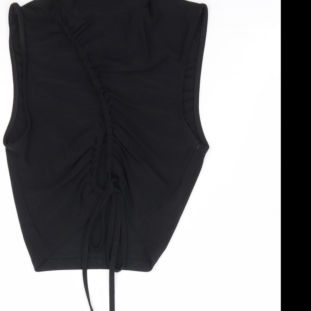 New Look Womens Black Polyester Cropped Tank Size 10 Mock Neck - Cut Out Tie Front