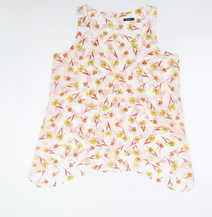 Roman Womens Ivory Floral Polyester Basic Blouse Size 12 Scoop Neck - Hanky Hem