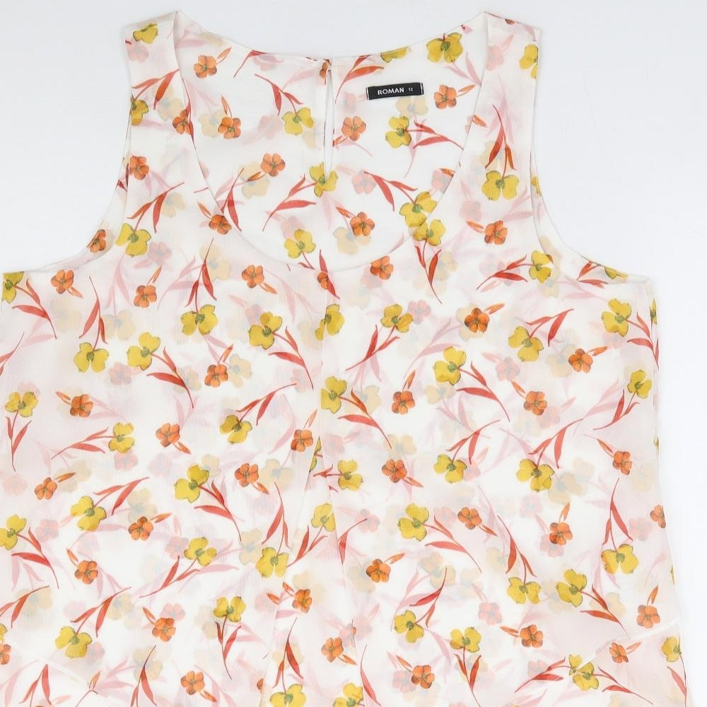 Roman Womens Ivory Floral Polyester Basic Blouse Size 12 Scoop Neck - Hanky Hem