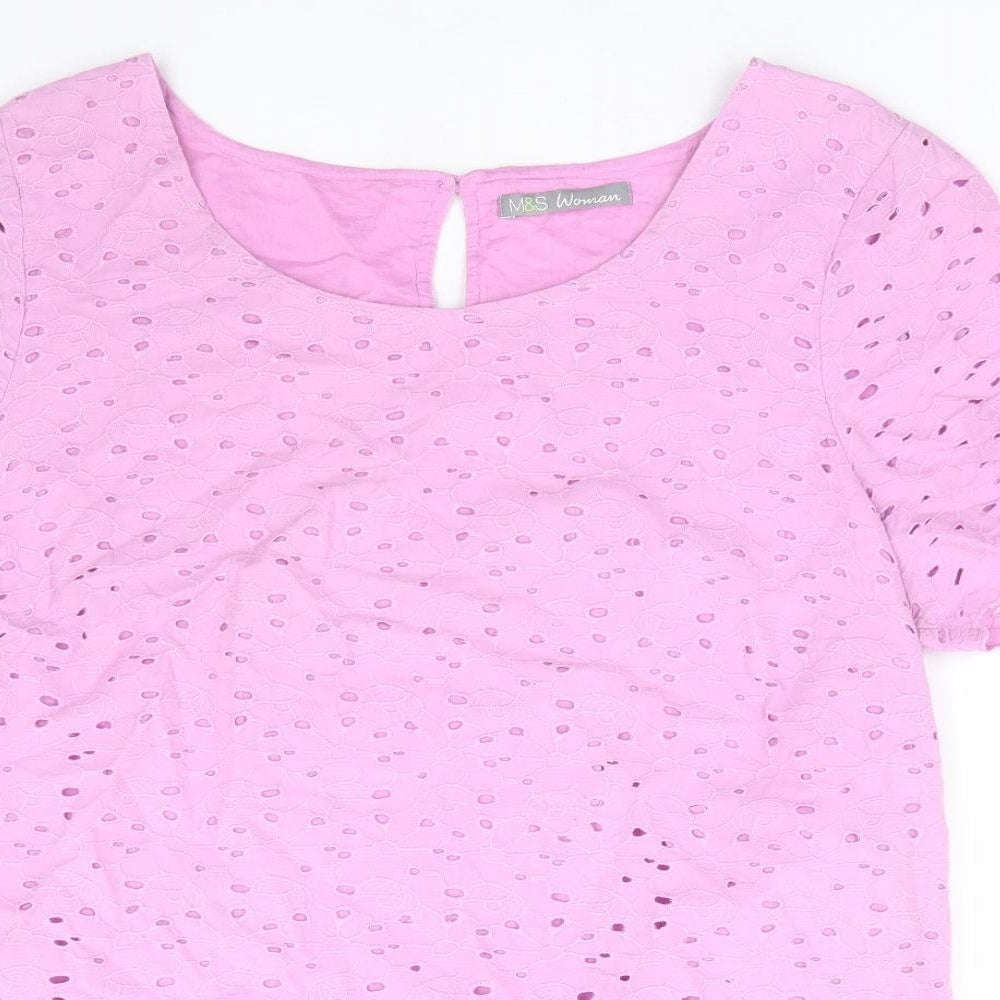 Marks and Spencer Womens Purple Floral 100% Cotton Basic Blouse Size 16 Round Neck