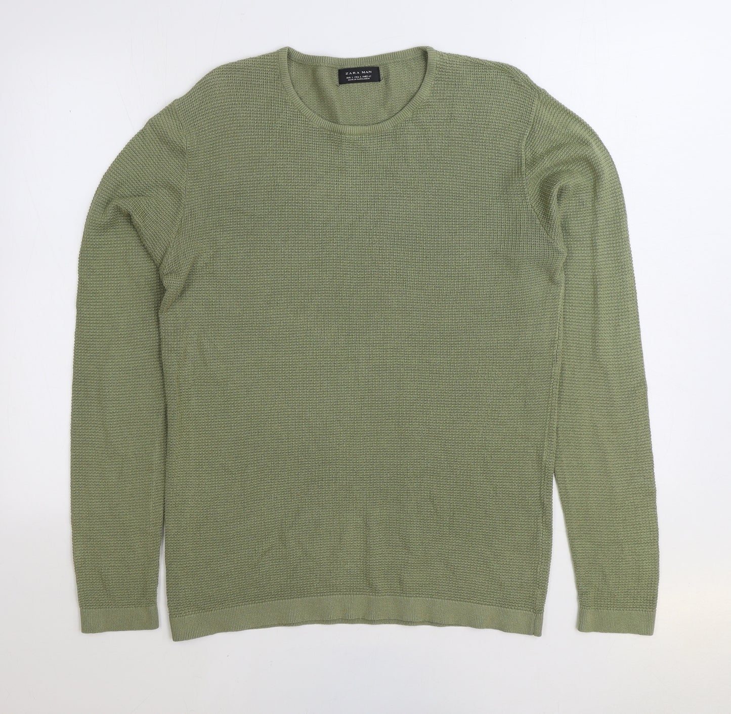 Zara Mens Green Round Neck Cotton Pullover Jumper Size L
