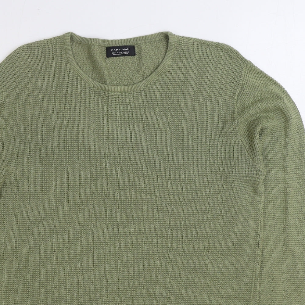Zara Mens Green Round Neck Cotton Pullover Jumper Size L