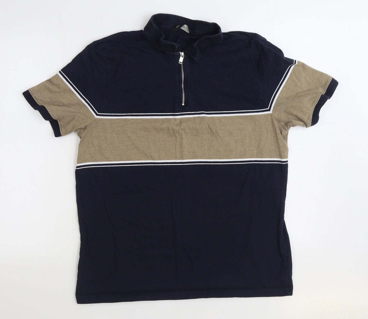 F&F Mens Blue Striped Cotton Polo Size L Collared Zip
