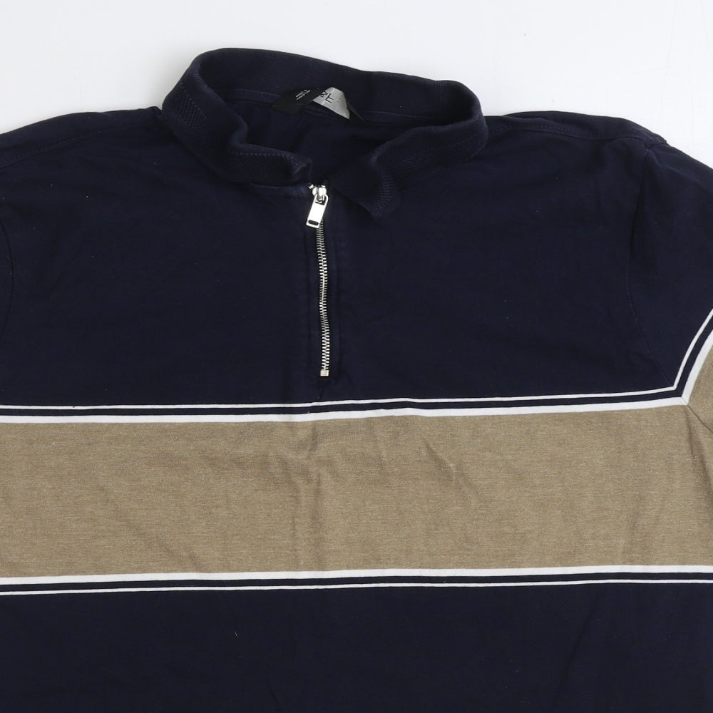 F&F Mens Blue Striped Cotton Polo Size L Collared Zip