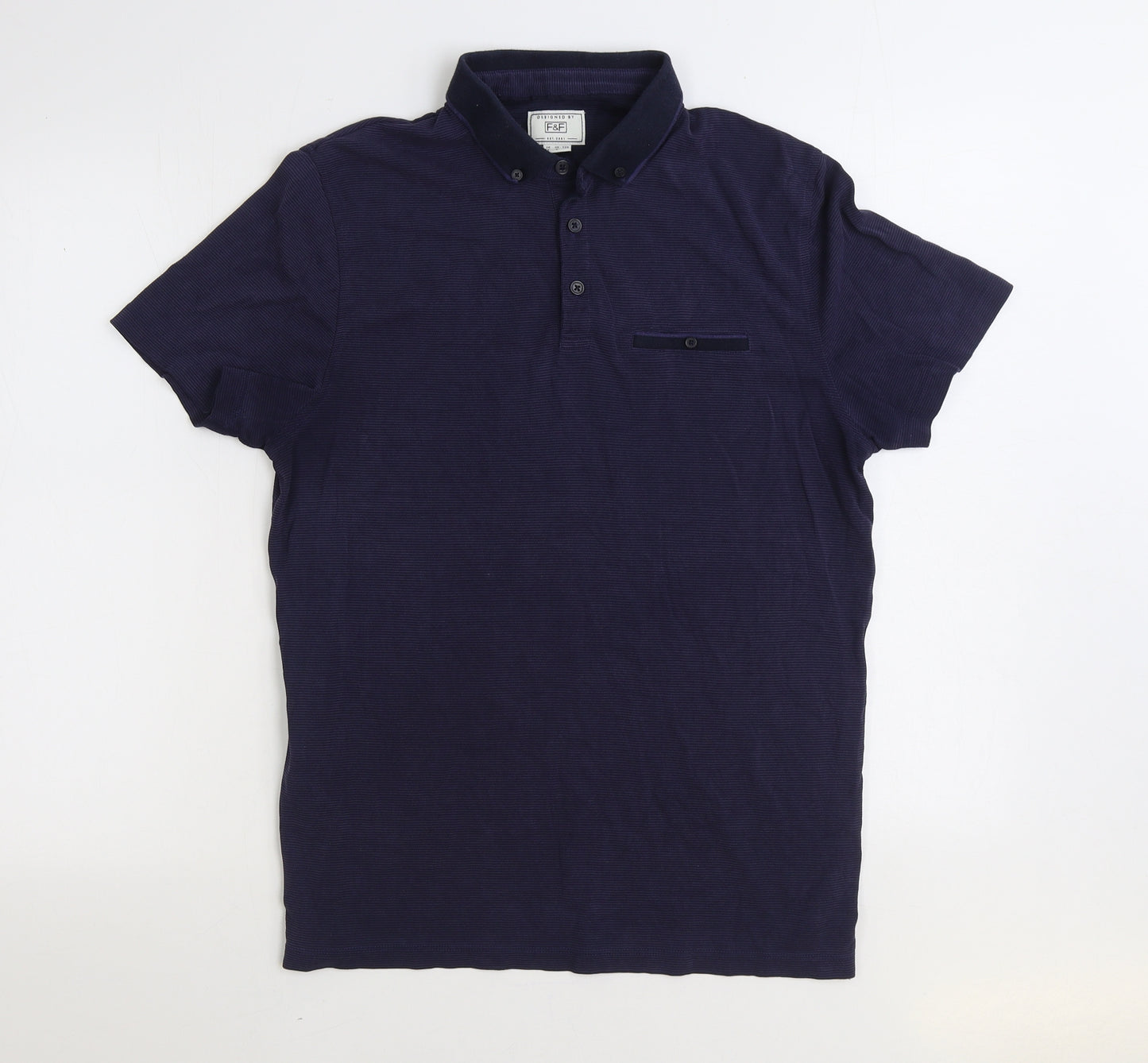 F&F Mens Blue Cotton Polo Size M Collared Button