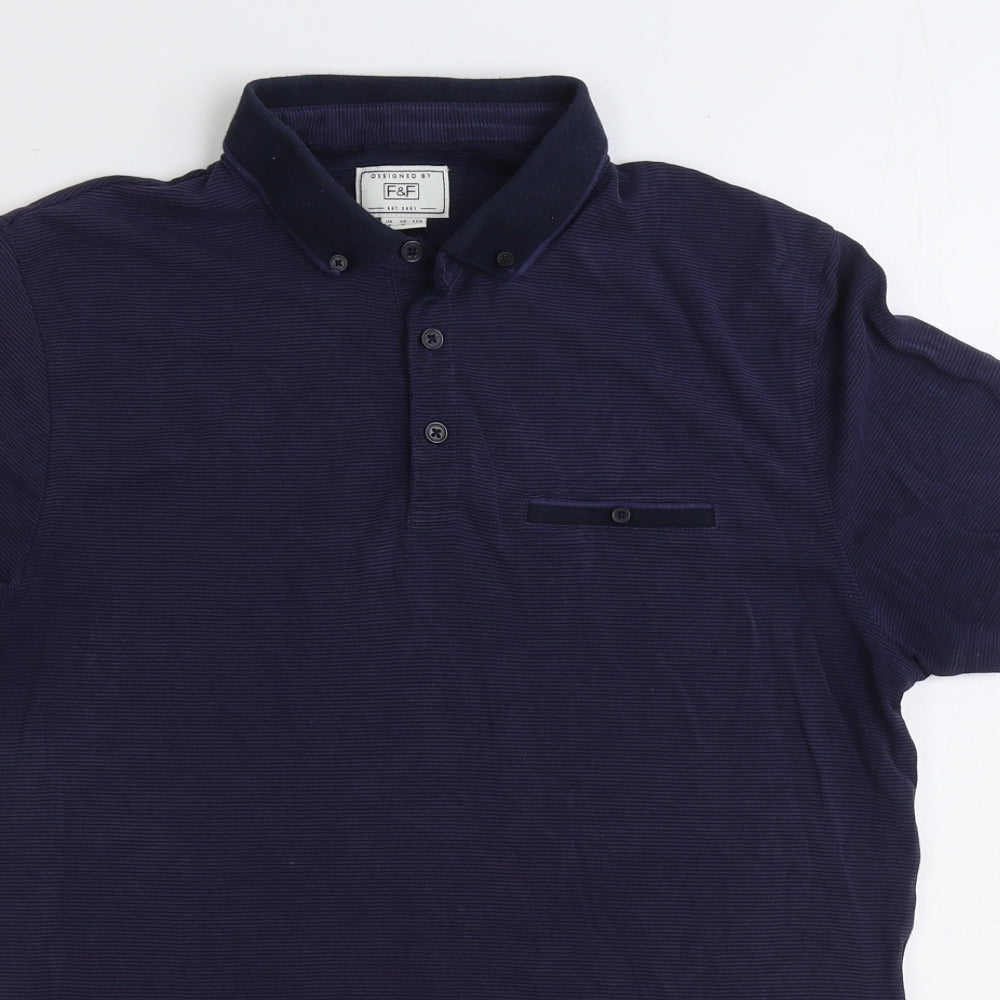 F&F Mens Blue Cotton Polo Size M Collared Button