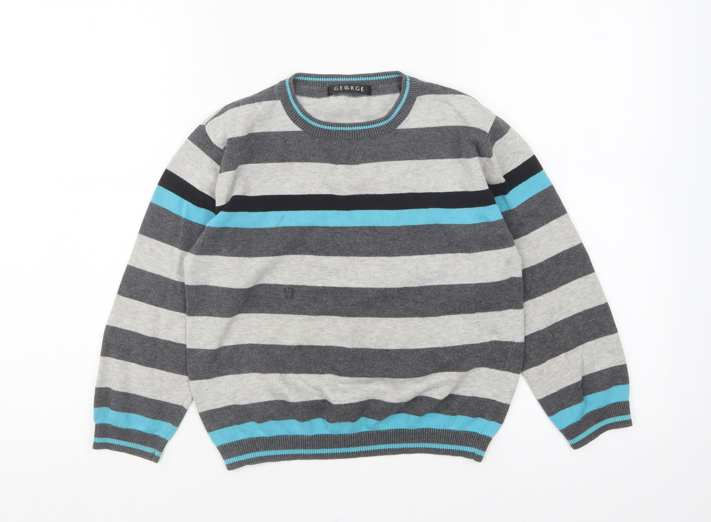 George Boys Grey Round Neck Striped Cotton Pullover Jumper Size 6-7 Years Pullover