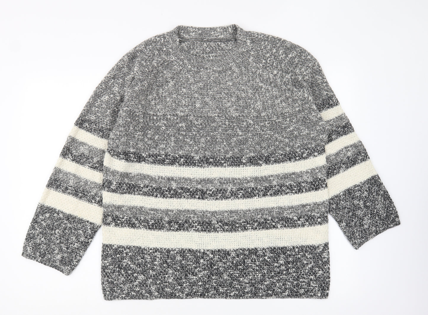 Preworn Womens Grey Round Neck Striped Acrylic Pullover Jumper Size 18