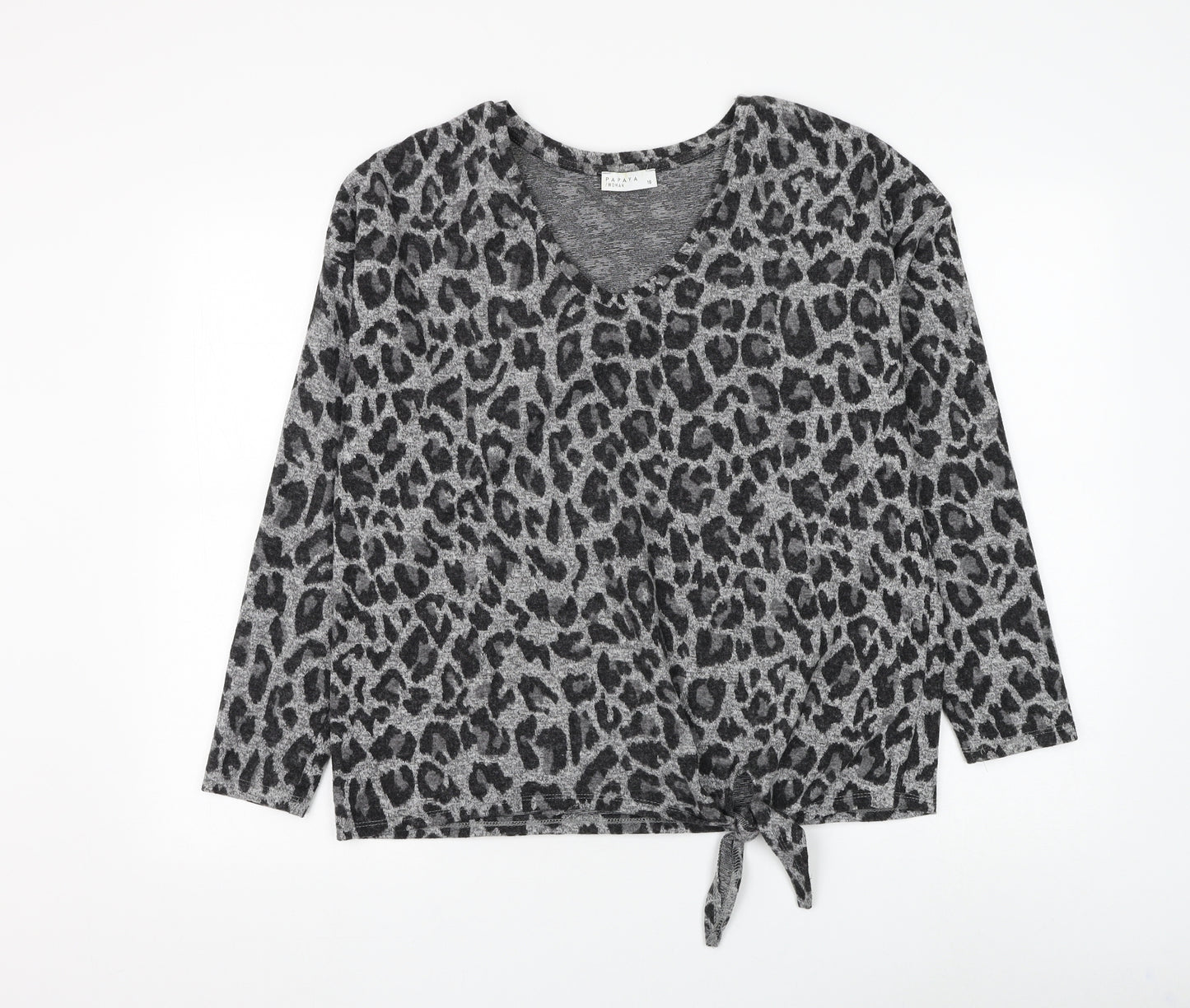 Papaya Womens Grey V-Neck Animal Print Polyester Pullover Jumper Size 16 - Knot Front