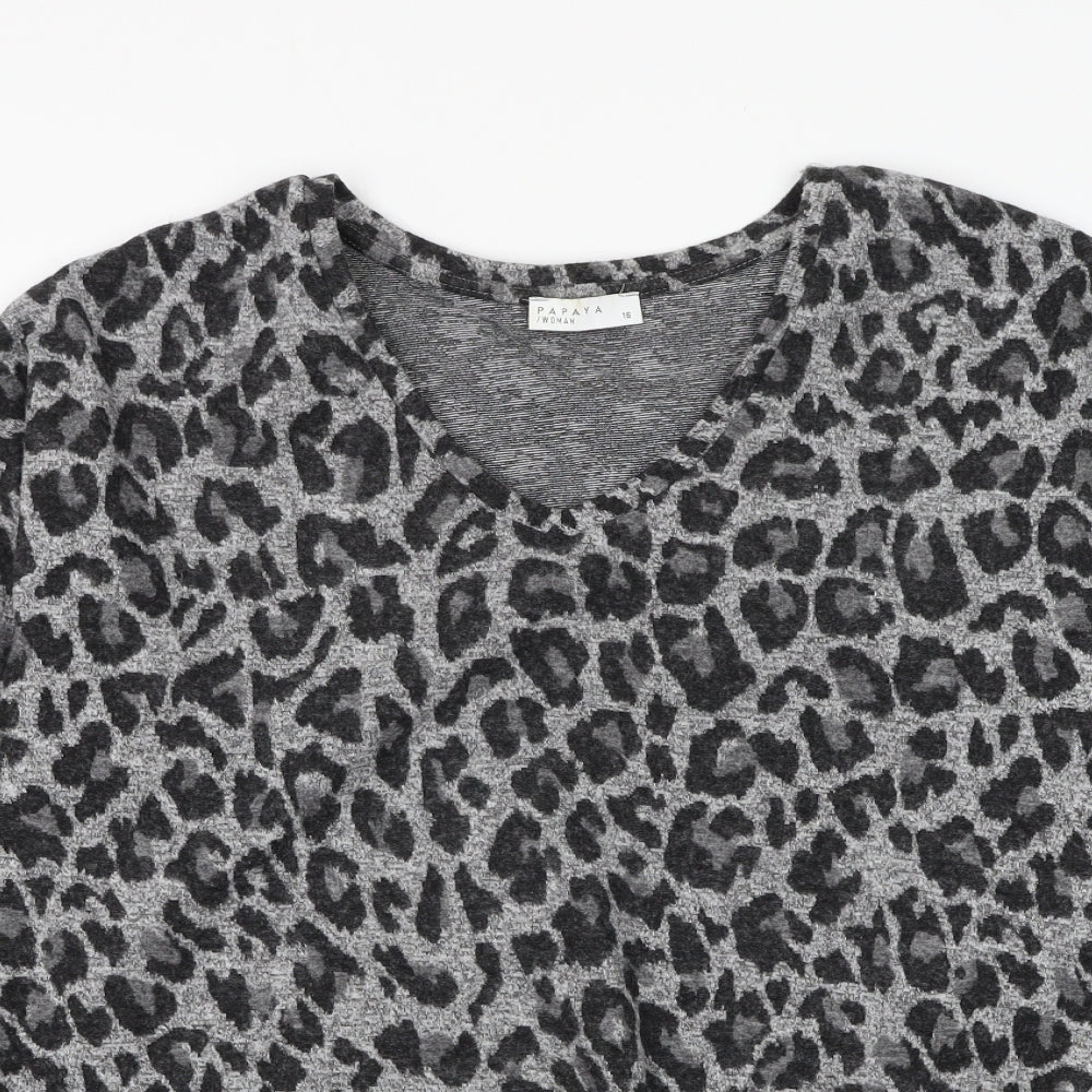 Papaya Womens Grey V-Neck Animal Print Polyester Pullover Jumper Size 16 - Knot Front