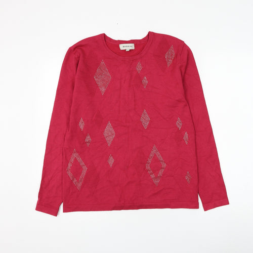 BASSINI Womens Pink Round Neck Argyle/Diamond Viscose Pullover Jumper Size S