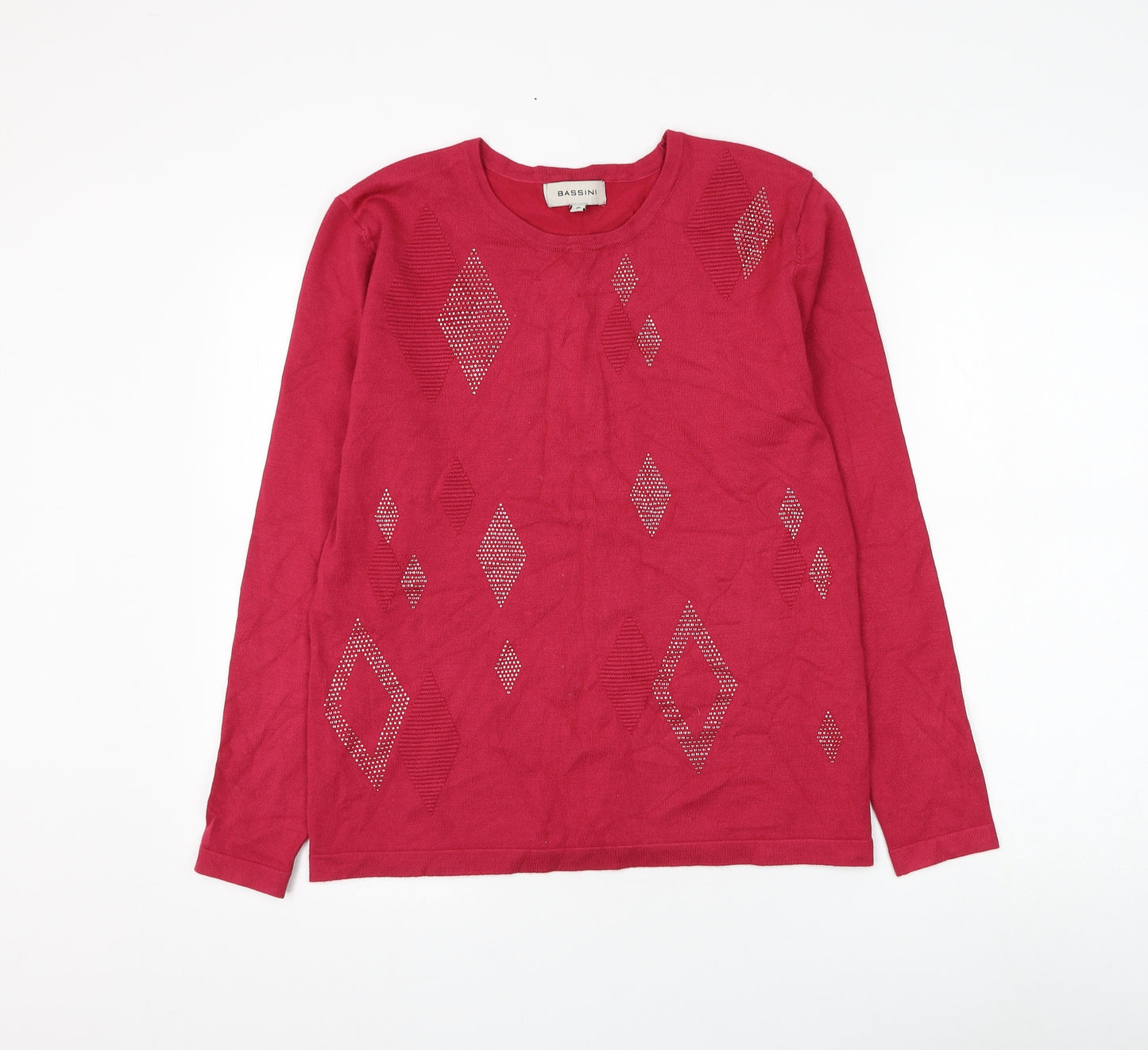 BASSINI Womens Pink Round Neck Argyle/Diamond Viscose Pullover Jumper Size S