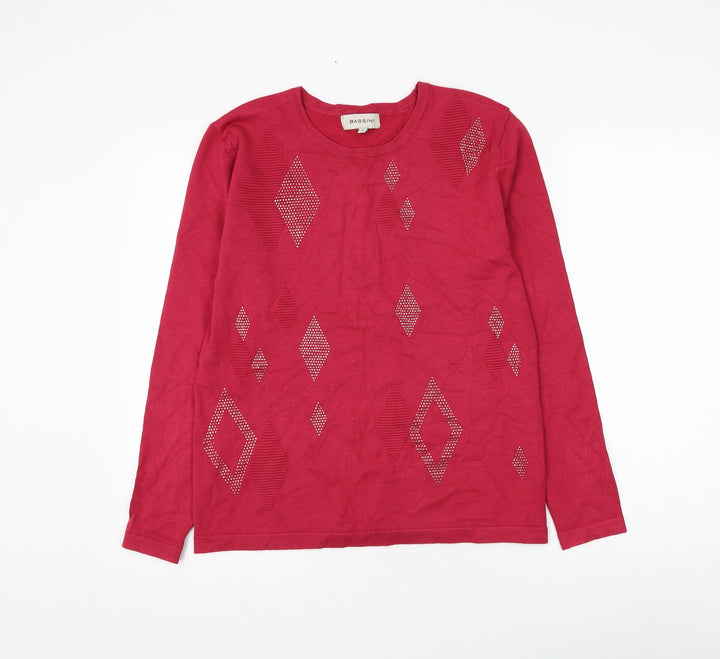 BASSINI Womens Pink Round Neck Argyle/Diamond Viscose Pullover Jumper Size S