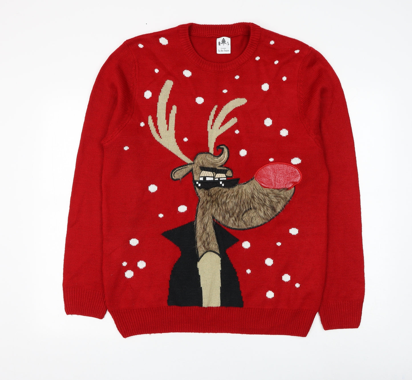 George Mens Red Round Neck Acrylic Pullover Jumper Size L - Reindeer Christmas