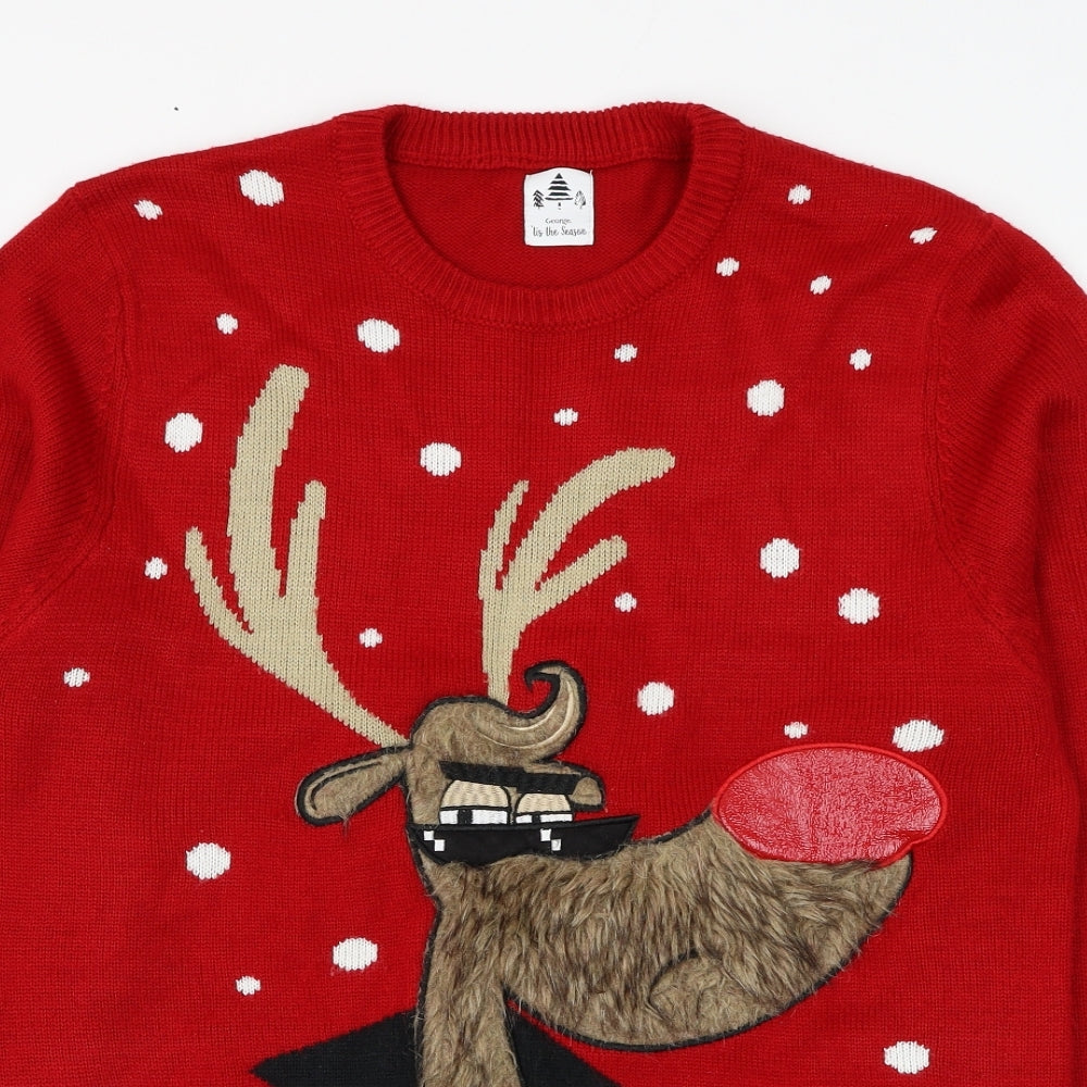George Mens Red Round Neck Acrylic Pullover Jumper Size L - Reindeer Christmas
