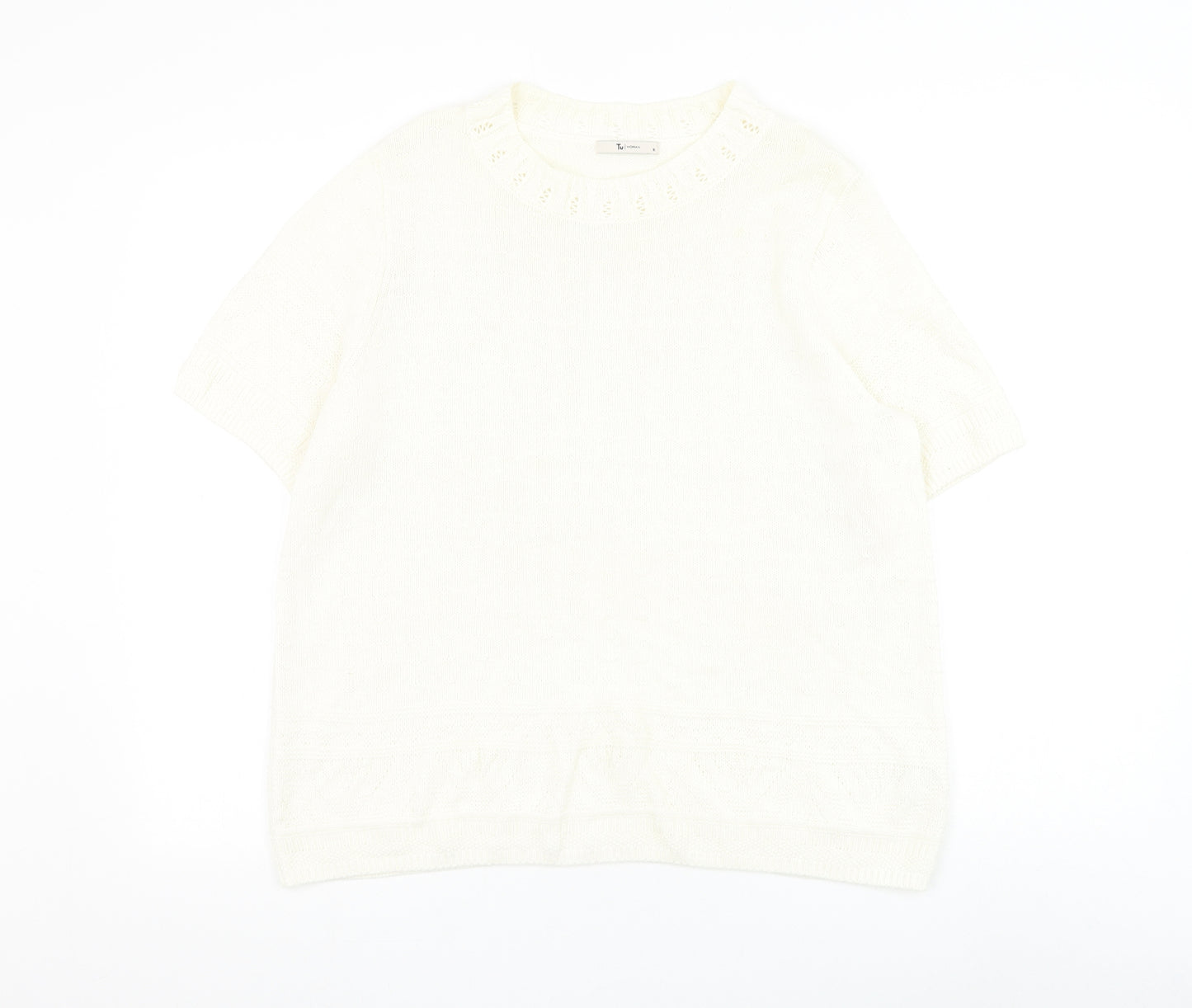 TU Womens White Round Neck Cotton Pullover Jumper Size 16