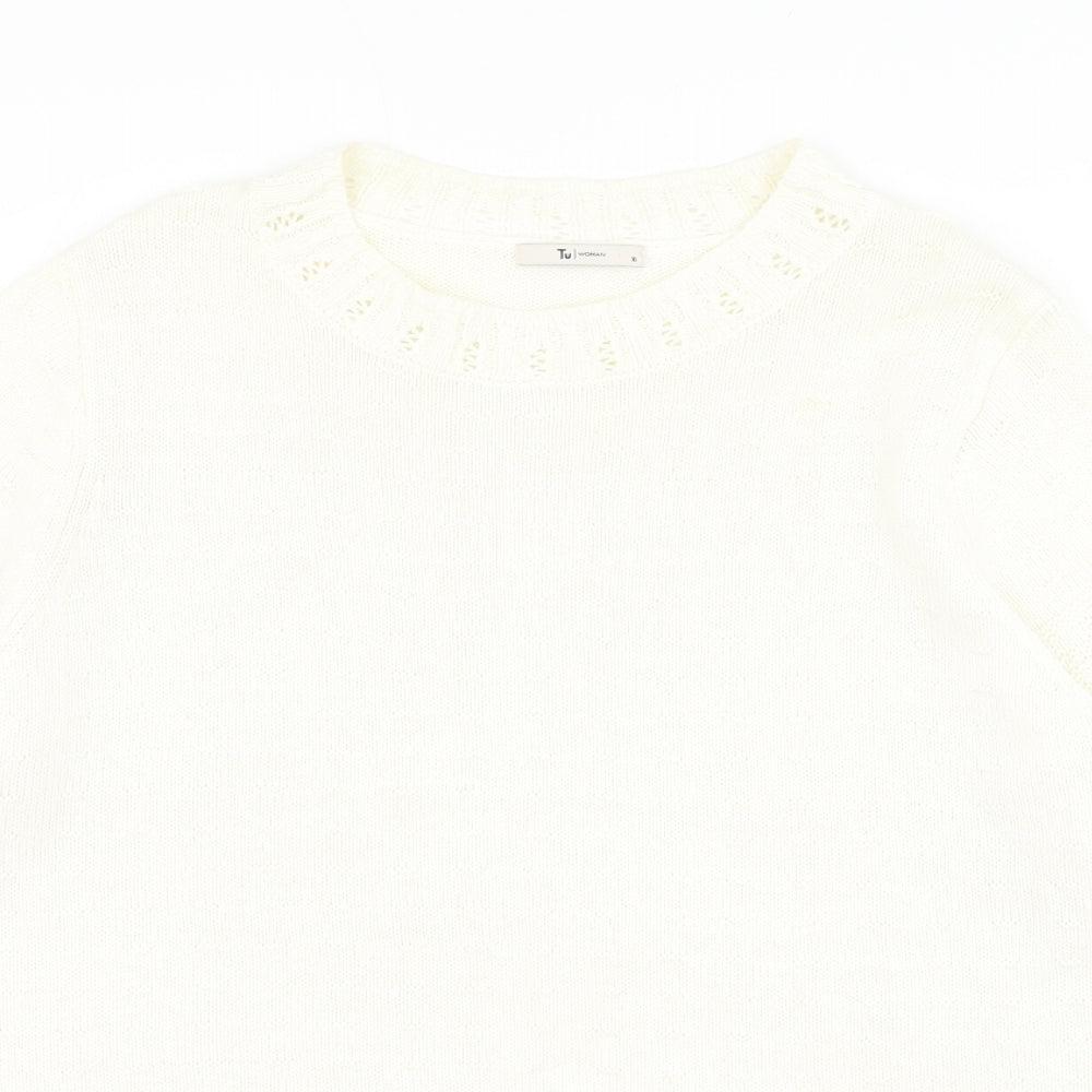 TU Womens White Round Neck Cotton Pullover Jumper Size 16