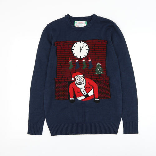 Cedar Wood State Mens Blue Round Neck Acrylic Pullover Jumper Size XS - Santa Claus Christmas