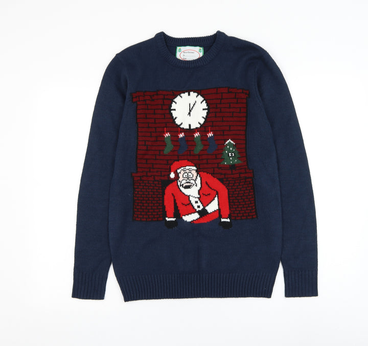 Cedar Wood State Mens Blue Round Neck Acrylic Pullover Jumper Size XS - Santa Claus Christmas