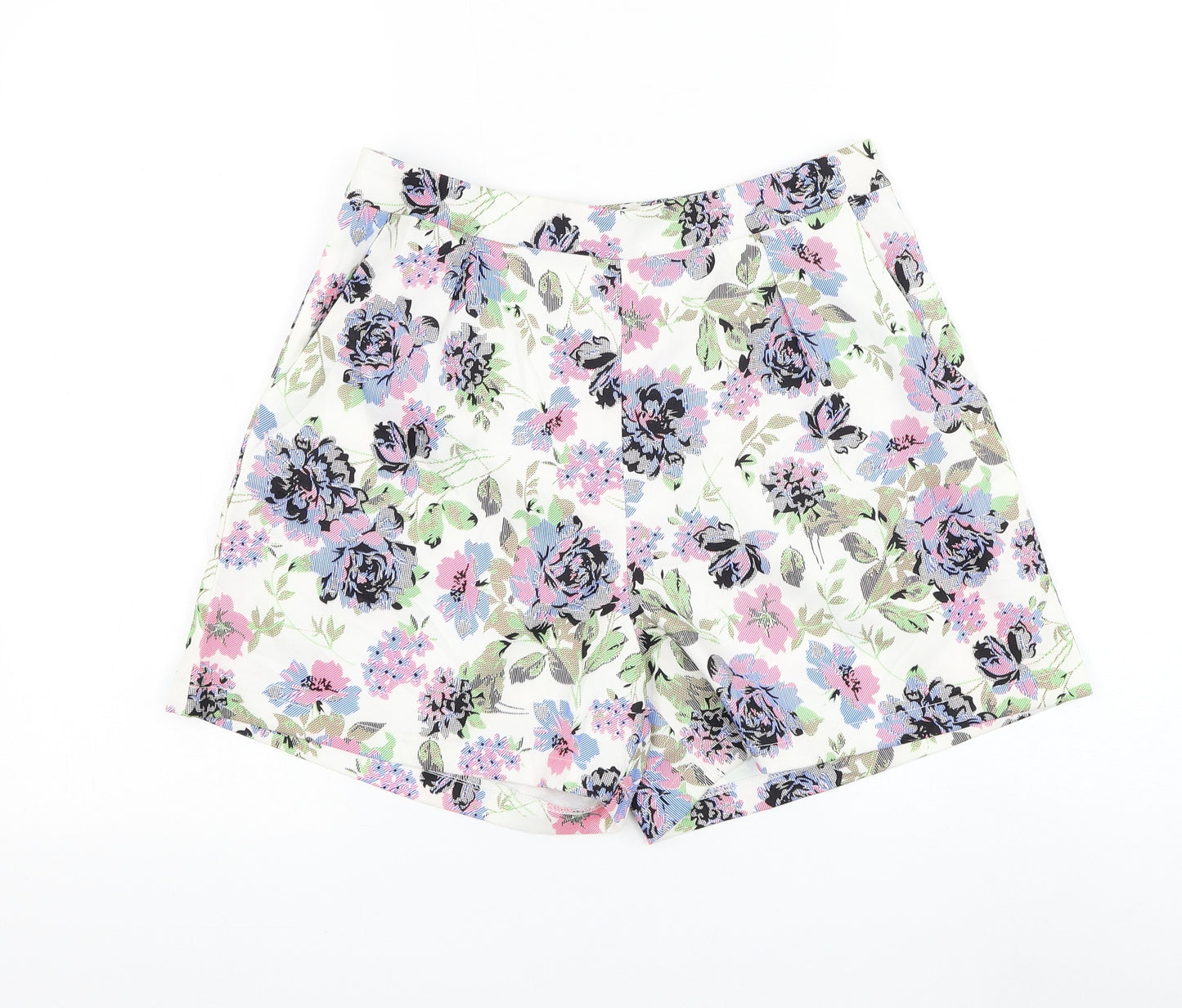 Urmodar Womens White Floral Polyester Bermuda Shorts Size M L4 in Regular Zip