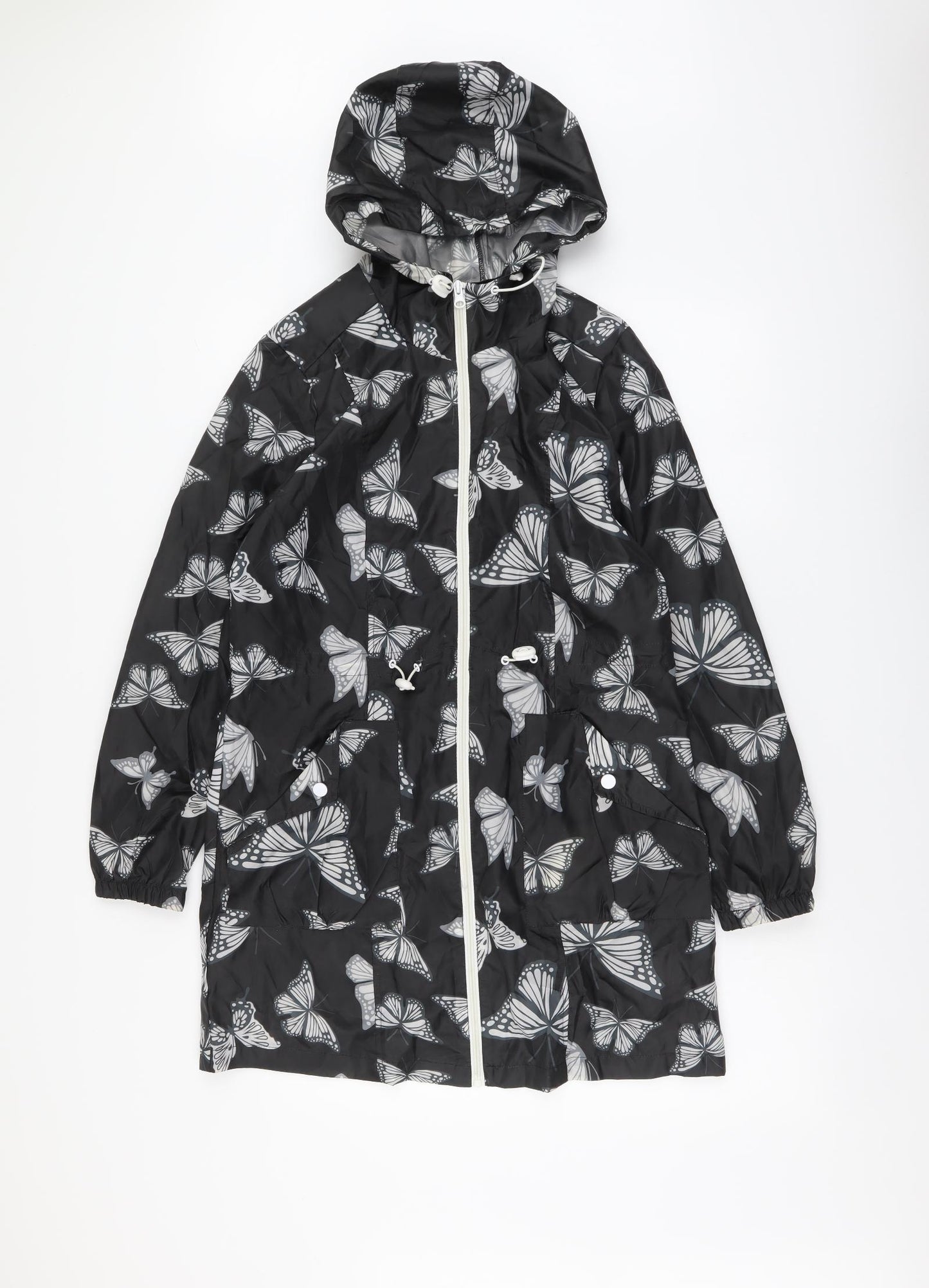B. You Womens Black Geometric Rain Coat Coat Size 12 Zip - Butterfly pattern