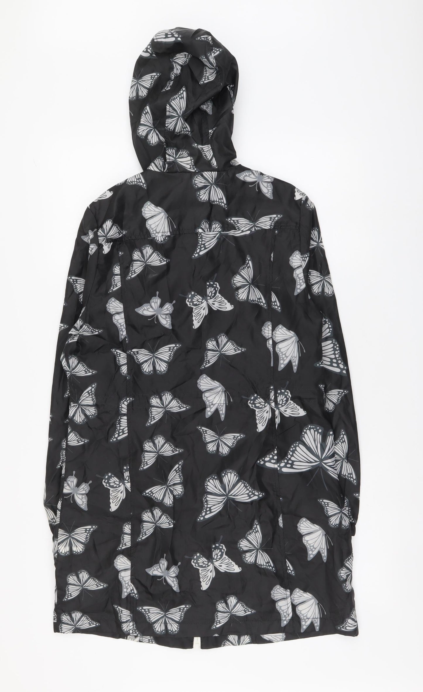 B. You Womens Black Geometric Rain Coat Coat Size 12 Zip - Butterfly pattern