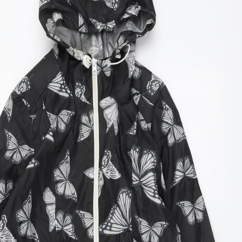 B. You Womens Black Geometric Rain Coat Coat Size 12 Zip - Butterfly pattern