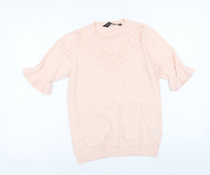Dorothy Perkins Womens Pink Round Neck Cotton Pullover Jumper Size 10 - Lace Detail