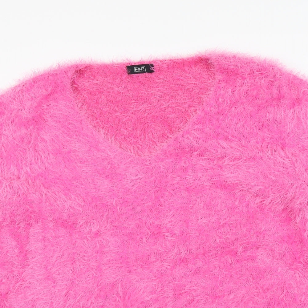 F&F Womens Pink V-Neck Nylon Pullover Jumper Size 18