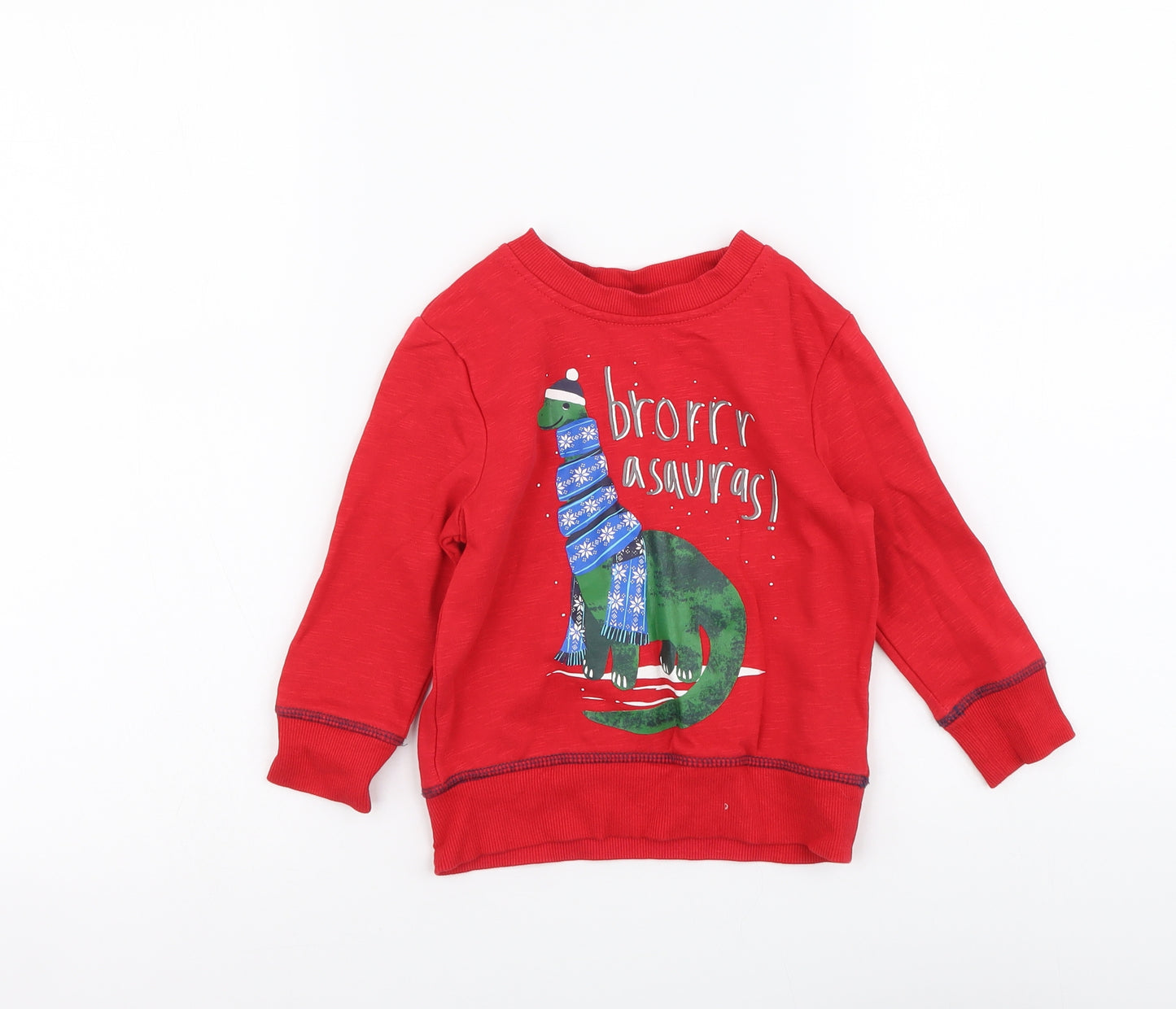 George Baby Red Cotton Pullover T-Shirt Size 18-24 Months Round Neck Pullover - Christmas Dinosaur