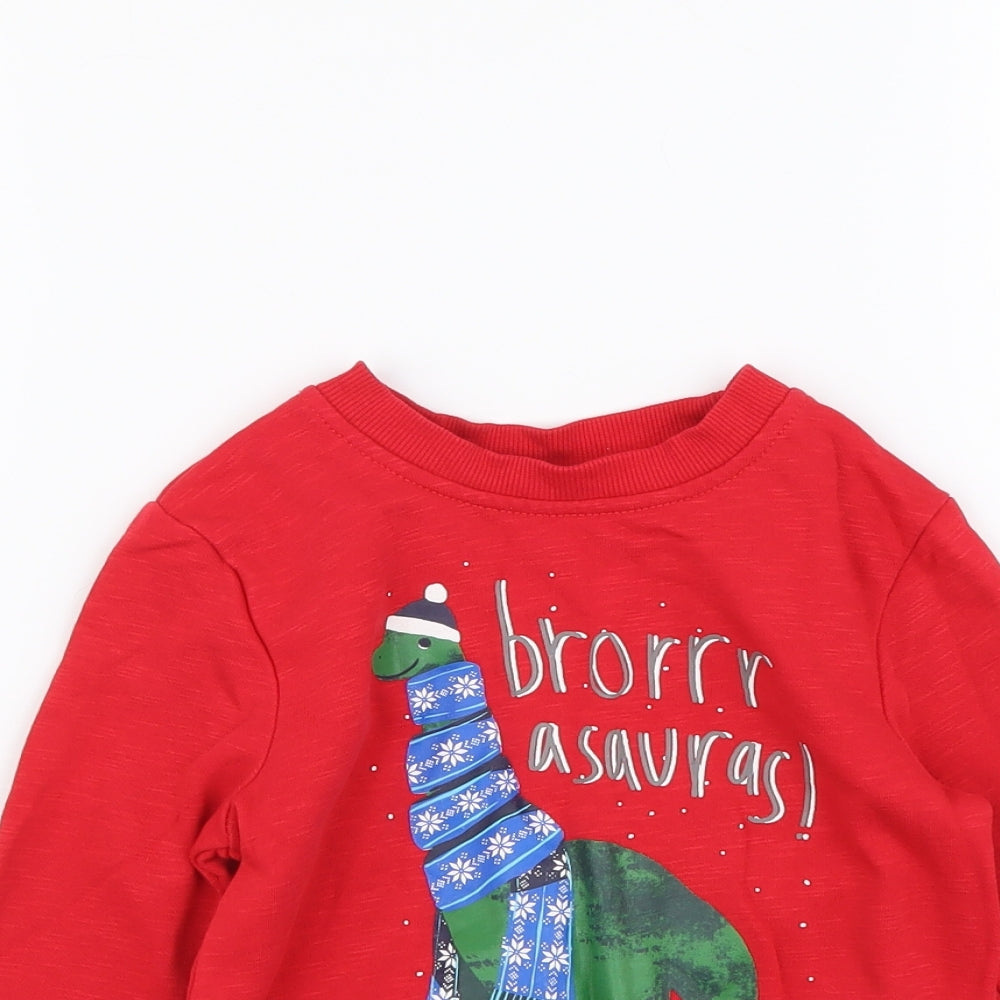 George Baby Red Cotton Pullover T-Shirt Size 18-24 Months Round Neck Pullover - Christmas Dinosaur